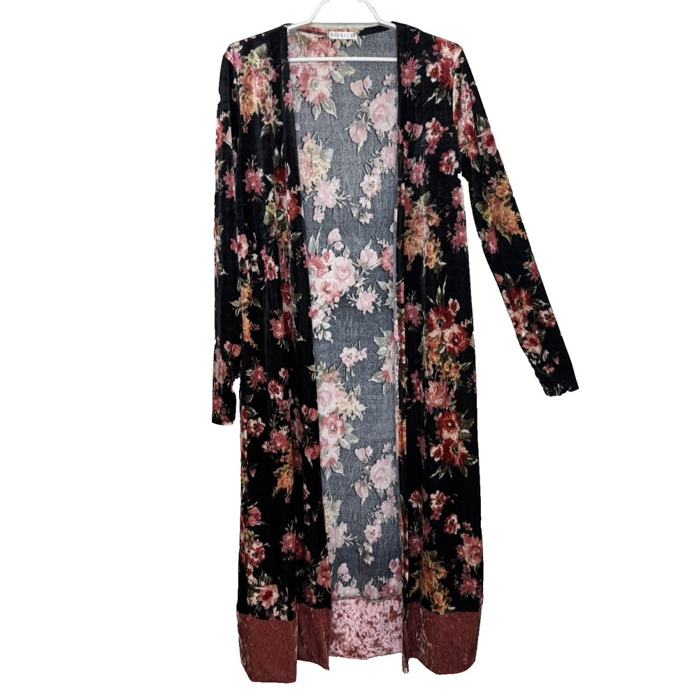 Blakeley Long Duster Cardigan Size L/XL Black Velour Floral‎ Print Long Sleeve